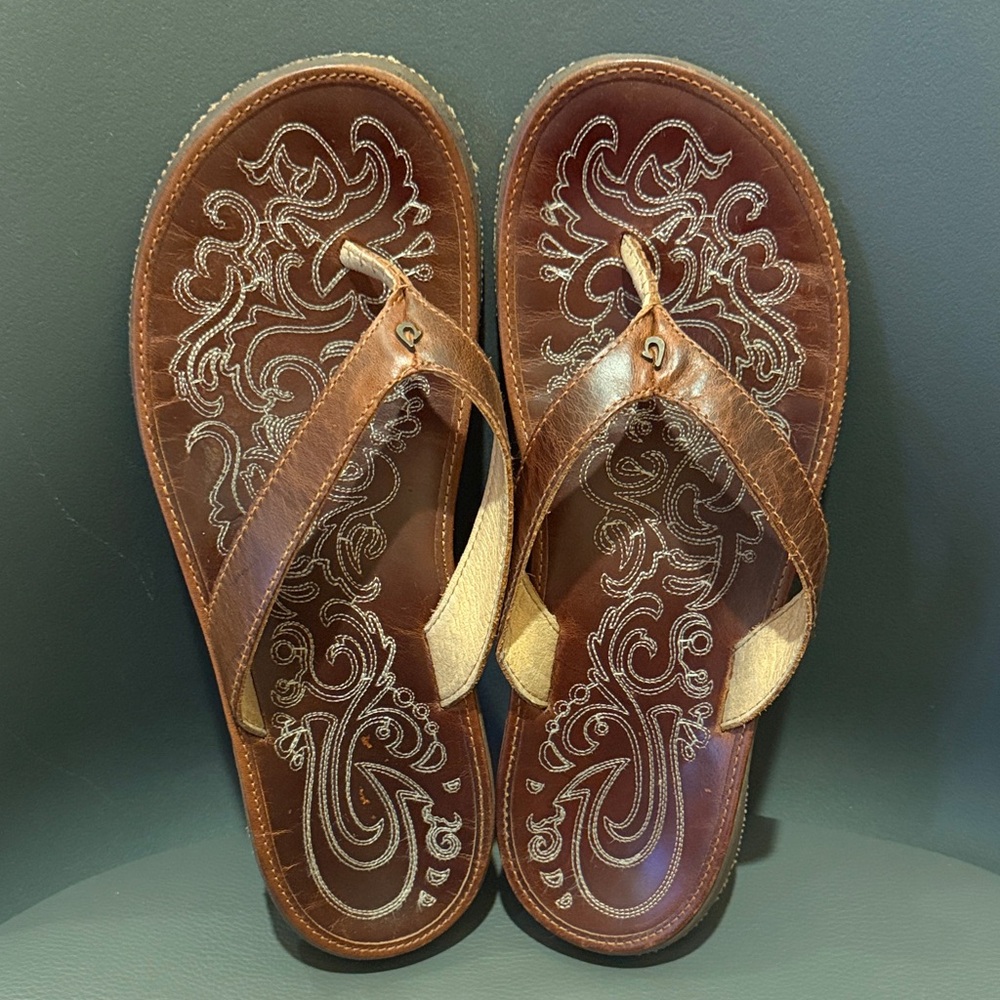 Brown Embroidered Leather Flip Flop Sandals